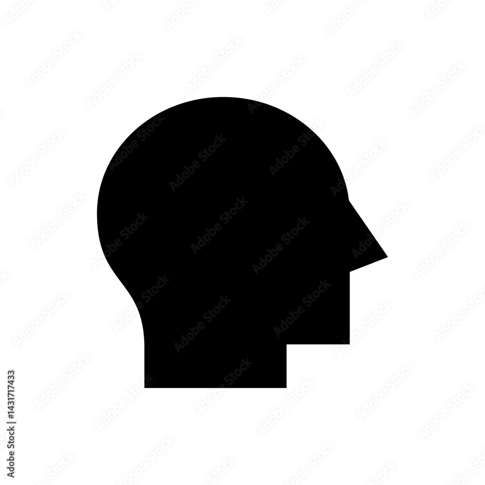 Poster silhouette of a human head in black with a rounded top and a pointed nose on a white background imag