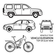 Vehicle elevation and top view vector flat illustration collection ideal for architectural design.