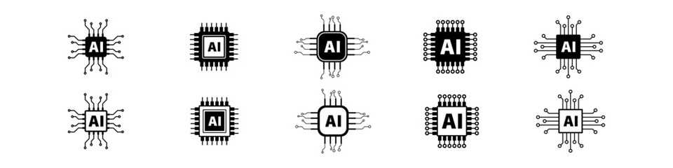 AI Chip Processor Icon Set – Artificial Intelligence Microchip Vector