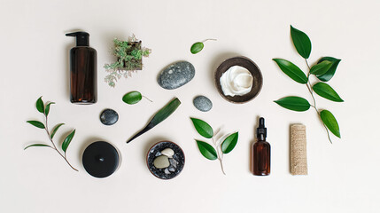 spa treatment items - hot massage stones with salt and oils on marble table. top view banner