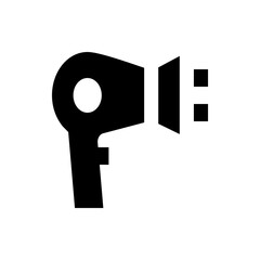 Illustration of a black hair dryer with a nozzle and two squares on the right side on a white background