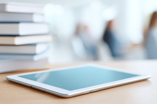 tablet displaying educational applications lies on desk surrounded by books with blurred people in background