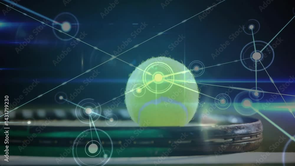 Poster tennis ball floating on racket strings, displaying glowing nodes with hud overlays in flat design