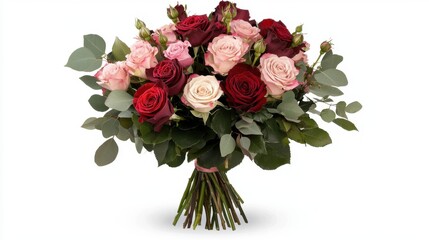 A vibrant bouquet features red, pink, and white roses, elegantly arranged with lush green leaves. Perfect for celebrations, gifts, or decoration