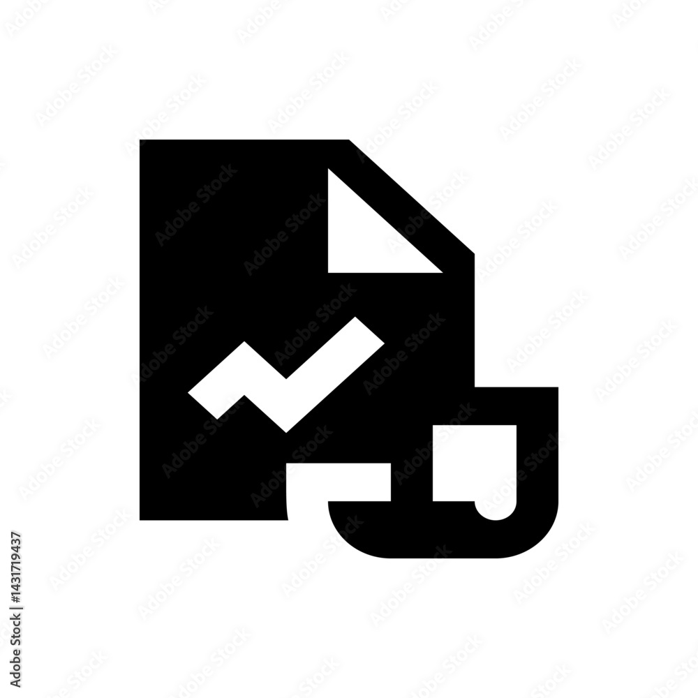Poster black document icon with a white check mark and an arrow, symbolizing file verification and confirma