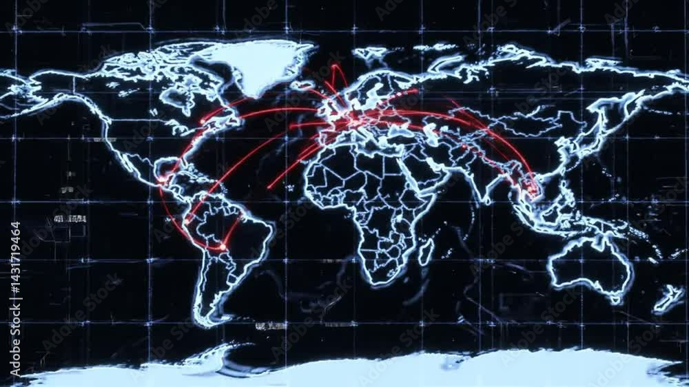Poster global network connections visualization: a digital world map illustrating international data flow a