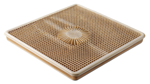 Closeup of a square honeycomb structure with a textured beige color