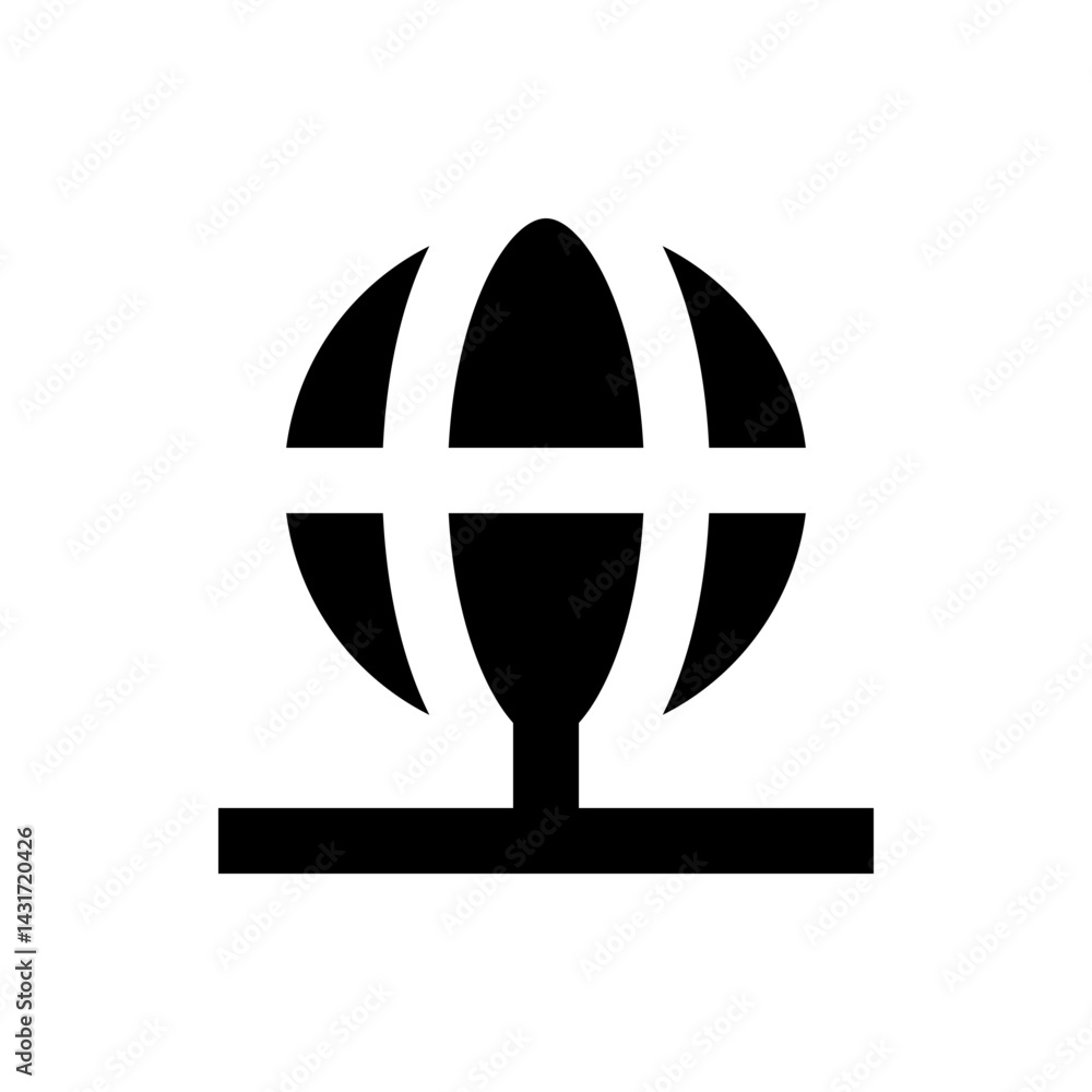 Poster stylized black and white image of a globe like shape with vertical and horizontal lines on a base de