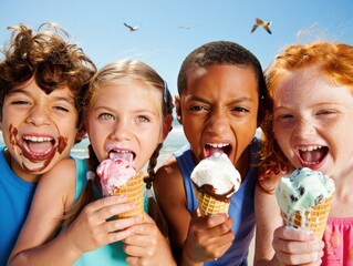 Joyful kids enjoying ice cream cones on a sunny beach day with seagulls