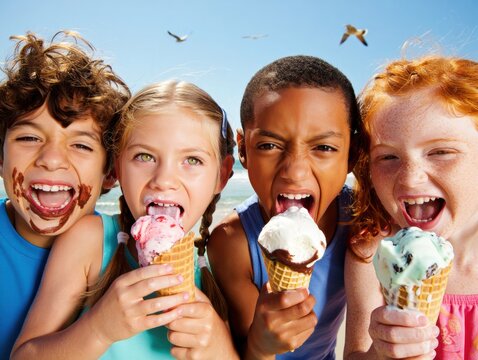 Joyful kids enjoying ice cream cones on a sunny beach day with seagulls