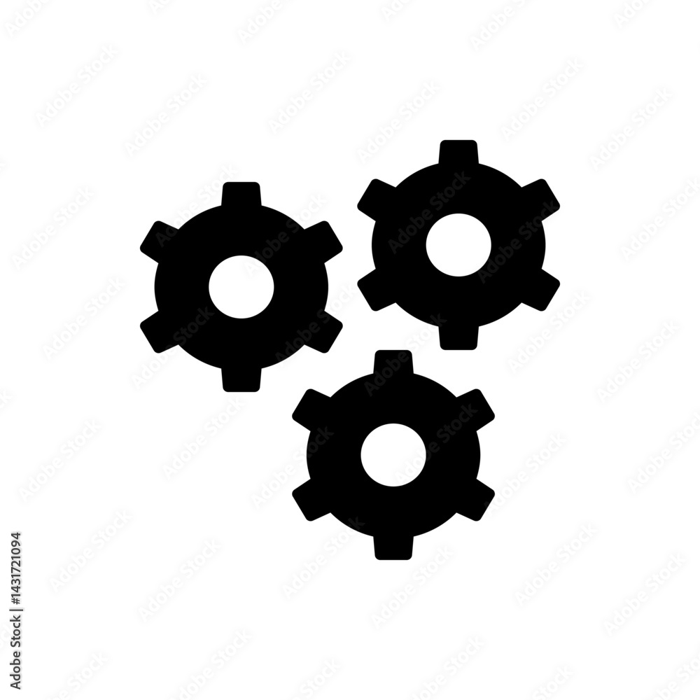 Poster illustration of three black gears arranged in a cluster on a white background showing mechanical con
