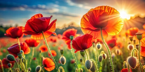 Fototapeta premium Macro Photography: Vibrant Poppies in a Kyiv Field, Ukraine