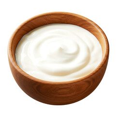 Creamy White Yogurt in Wooden Bowl on Transparent Background

