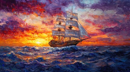 Obraz premium A tall ship with billowing sails navigates through rolling waves as the sun sets on the horizon, casting warm, vibrant colors across the sky and reflecting on the water's surface