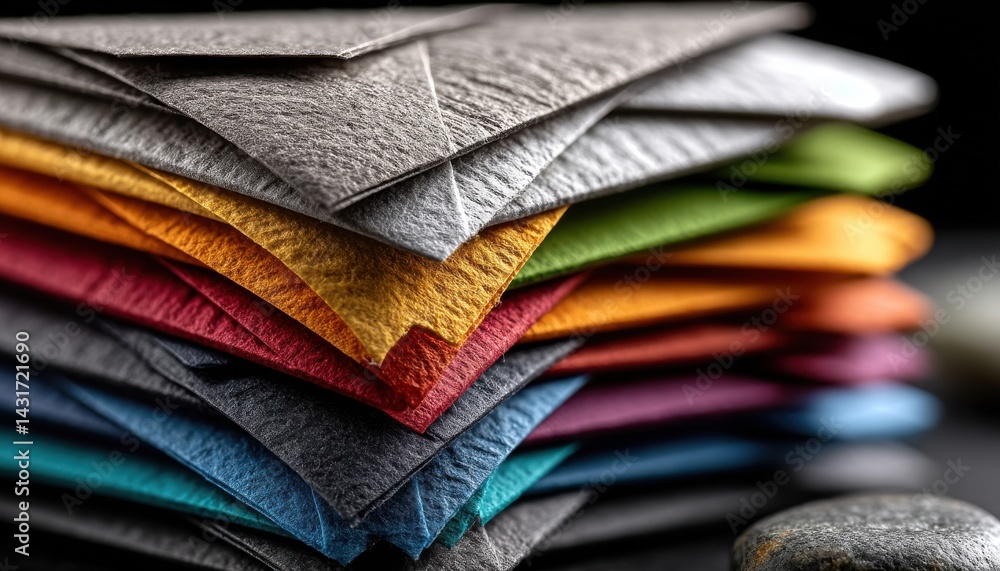 Poster A stack of colorful paper with a rock on top