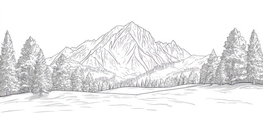 Sketch of Mountain View: A detailed sketch of a majestic mountain range rises amidst a lush forest landscape, depicting a serene and untouched panorama of the wilderness.