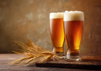 Two frothy glasses of golden beer next to wheat stalks on a rustic wooden surface. Ideal for brewery ads, Oktoberfest themes, and craft beer promotions