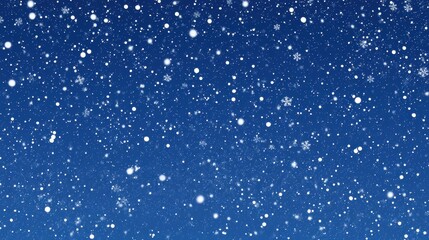 A beautiful display of snowflakes falling gracefully against a rich blue night sky. The scene captures the tranquil essence of winter's charm