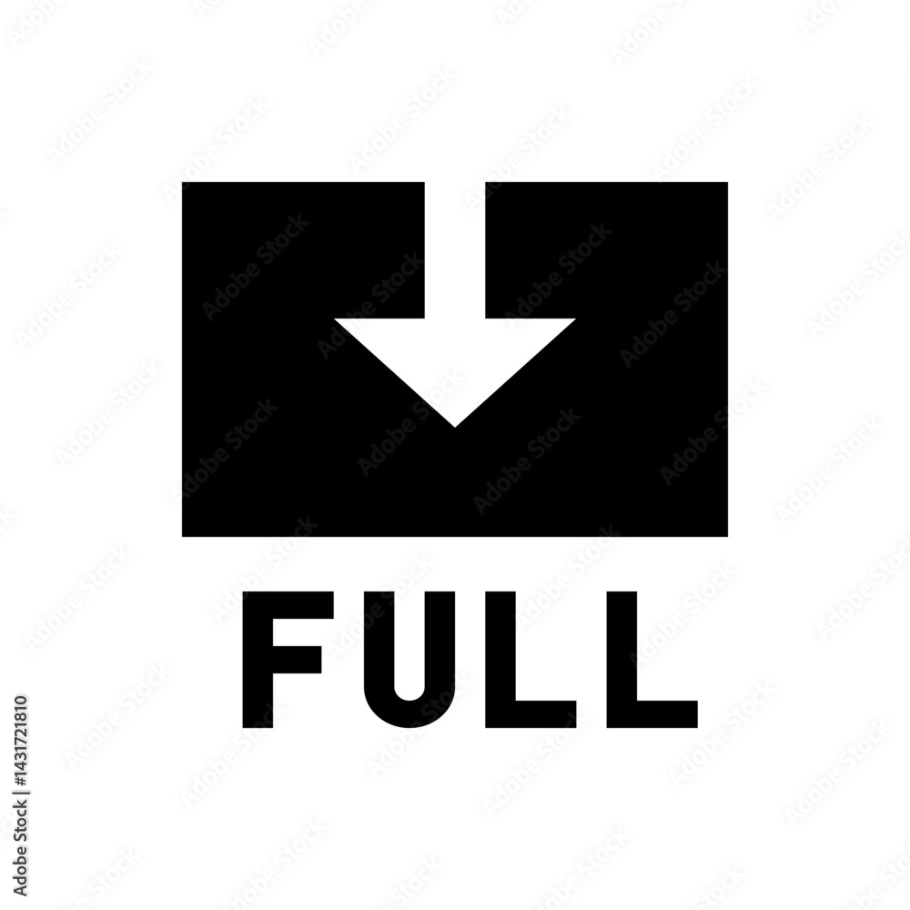 Poster a black square with a white arrow pointing down and the word full written below the square in black 