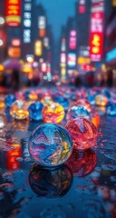 Colorful marbles with city night rain.