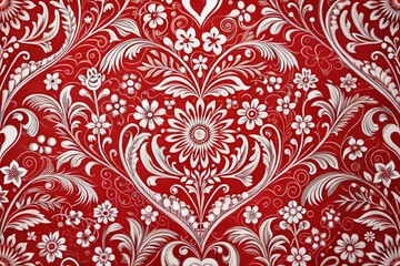 Fototapeta premium Macro Red White Floral Heart Pattern: Symmetrical Intricate Design for Textile & Creative Projects