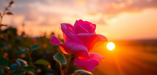 Obraz premium Sunrise paints a single pink rose with warm light, petals unfurling, vibrant, bloom