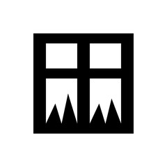 Black square containing a white cross shape above two jagged mountain like shapes in the bottom portion