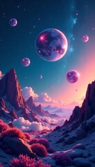 Surreal landscape of hovering orbs against starry backdrop, cosmic, abstract, concept