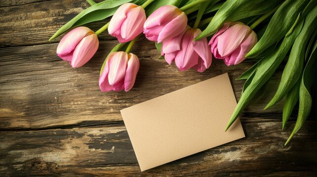 Fresh pink tulips rest beside a blank card on a weathered wooden table, creating a charming setting perfect for writing personal notes or celebrating special occasions