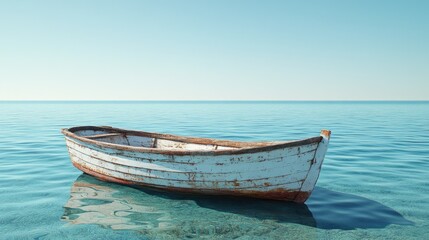 Naklejka premium Tranquil, weathered rowboat adrift on glassy sea