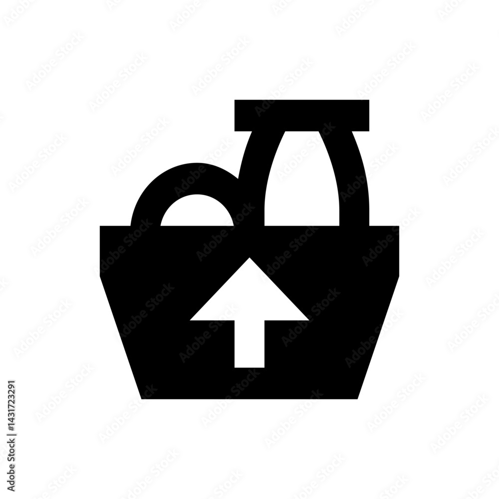 Poster black shopping bag with handles and an upward pointing arrow containing circular and oval objects in