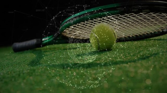 Tennis racket and tennis ball being visualized on green court, with network nodes and lines overlay - Powered by Adobe