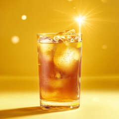 Laser Light Lemon Floating in Iced Tea - Futuristic Beverage Concept on Pastel Yellow Backdrop, Ultra HD, AI-Generated Drink Visual, Copy Space Ready, Mockup for Tech Caf&eacute;s & Summer Brands