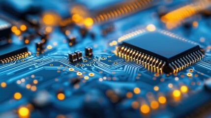 Close-up of electronic microchip on a luminous circuit board with detailed connections