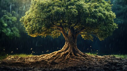 An old tree stands tall in the rain, its winding roots wrapping around the wet soil. background wallpaper AI generated image
