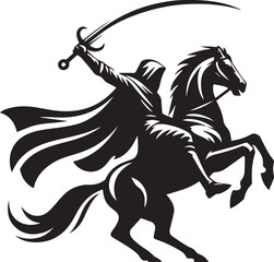Silhouette of Medieval Warrior on Horse with Sword – Vector Art	