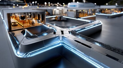 A futuristic cityscape with a large crosswalk and a building in the background