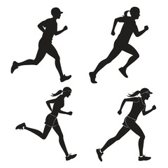 Female Runners Silhouettes: Vector Set - 4 Black Running Poses.