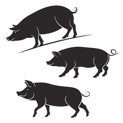 Professional Pig Silhouettes: Three Black Farm Animal Vectors.