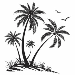 Tropical Palm Trees Silhouette: Black & White Island Scene - Vector Graphic.