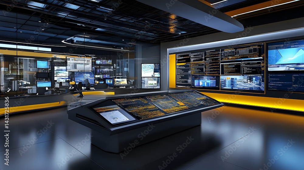 Aufkleber modern control room interior with numerous screens displaying data and code. sleek design with dark 