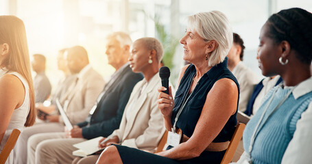 Microphone, question and business woman at conference for seminar faq, economic forum and meeting. Finance workshop, market research or tradeshow event with people at convention expo for spokesperson