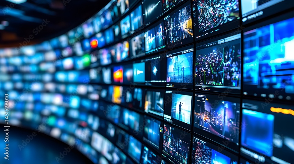 Poster a curved wall of numerous screens displays a variety of vibrant videos and data streams, creating a 