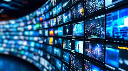 A curved wall of numerous screens displays a variety of vibrant videos and data streams, creating a dynamic and high-tech visual.