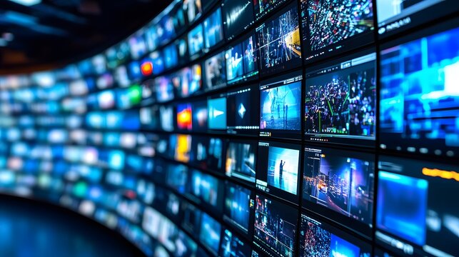 A curved wall of numerous screens displays a variety of vibrant videos and data streams, creating a dynamic and high-tech visual.