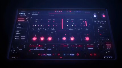 Futuristic digital interface with glowing pink and blue elements.  Displays various data points, graphs, and controls. Ideal for sci-fi, technology, or gaming projects.