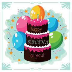 An elegant festive birthday card featuring a chocolate cake with candles and balloons. The text reads: 