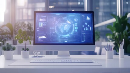Modern workspace with all-in-one computer displaying futuristic holographic interface showing global data analytics, charts and graphs. Plants and stationery add to the clean, modern aesthetic.