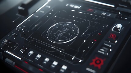 Close-up of a futuristic digital interface with glowing white lines and red accents on a dark background.  Clean design, technological and modern aesthetic.