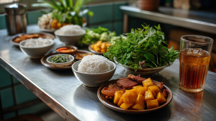 Com tam served with traditional condiments and iced tea on the side, stainless steel table and authentic Saigon vibe